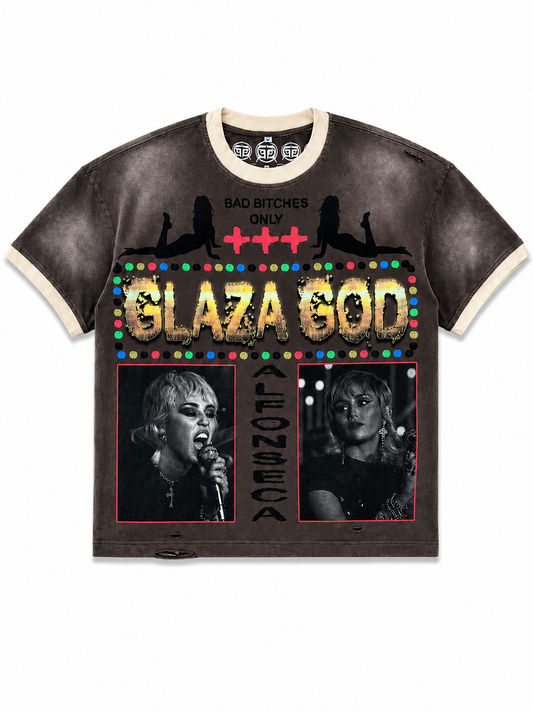 GLAZA GOD Cute - Distressed Acid Wash Oversized Tee -Brown01