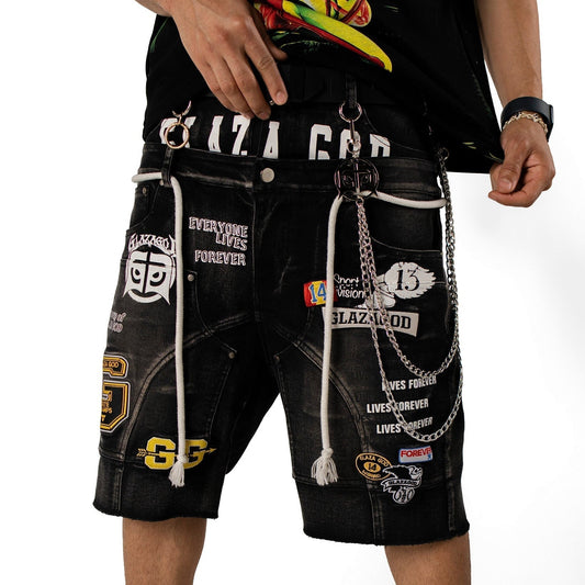 Shorts Denim `Patches' -Double Waistband |GLAZA GOD| Black