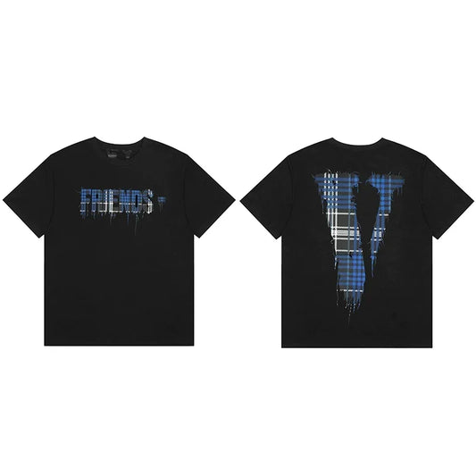 Vlone Plaid Drip Graphic T-Shirt - Black/Blue